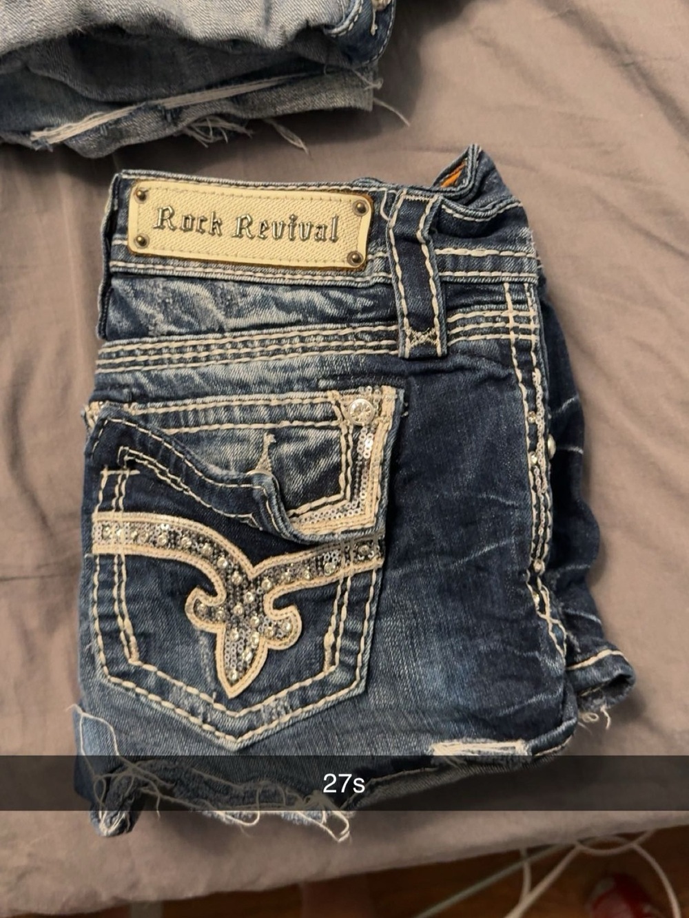 Rock Revival Dark Blue Denim Shorts with Cream Embroidery and Silver Studs